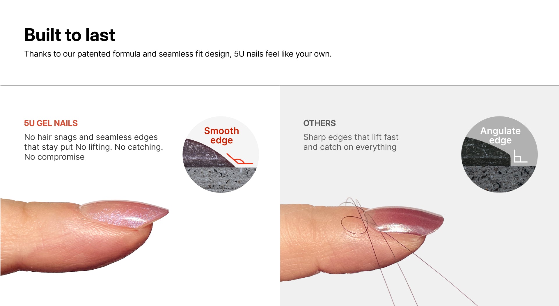 Semi-cured gel nail strips comparison: smooth edge 5U gel nails with no lifting or snagging vs sharp edge nails that catch on hair